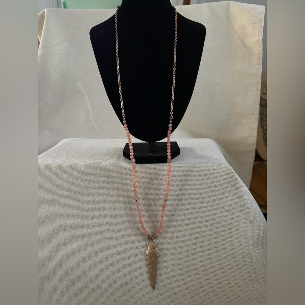 Pink Beaded Pendant Necklace - Gold Spike Charm